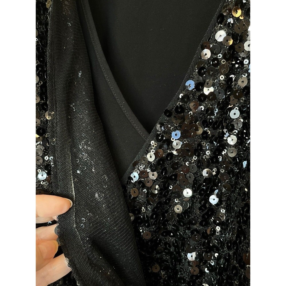 Lauren Ralph Lauren Sequined V Neck Wrap Black Midi Gown Dress Size 10 - Picture 5 of 10